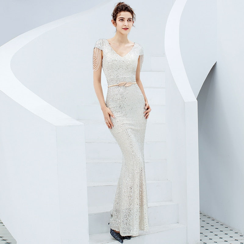 Sequin Evening Dress Elegant V Neck Beaded