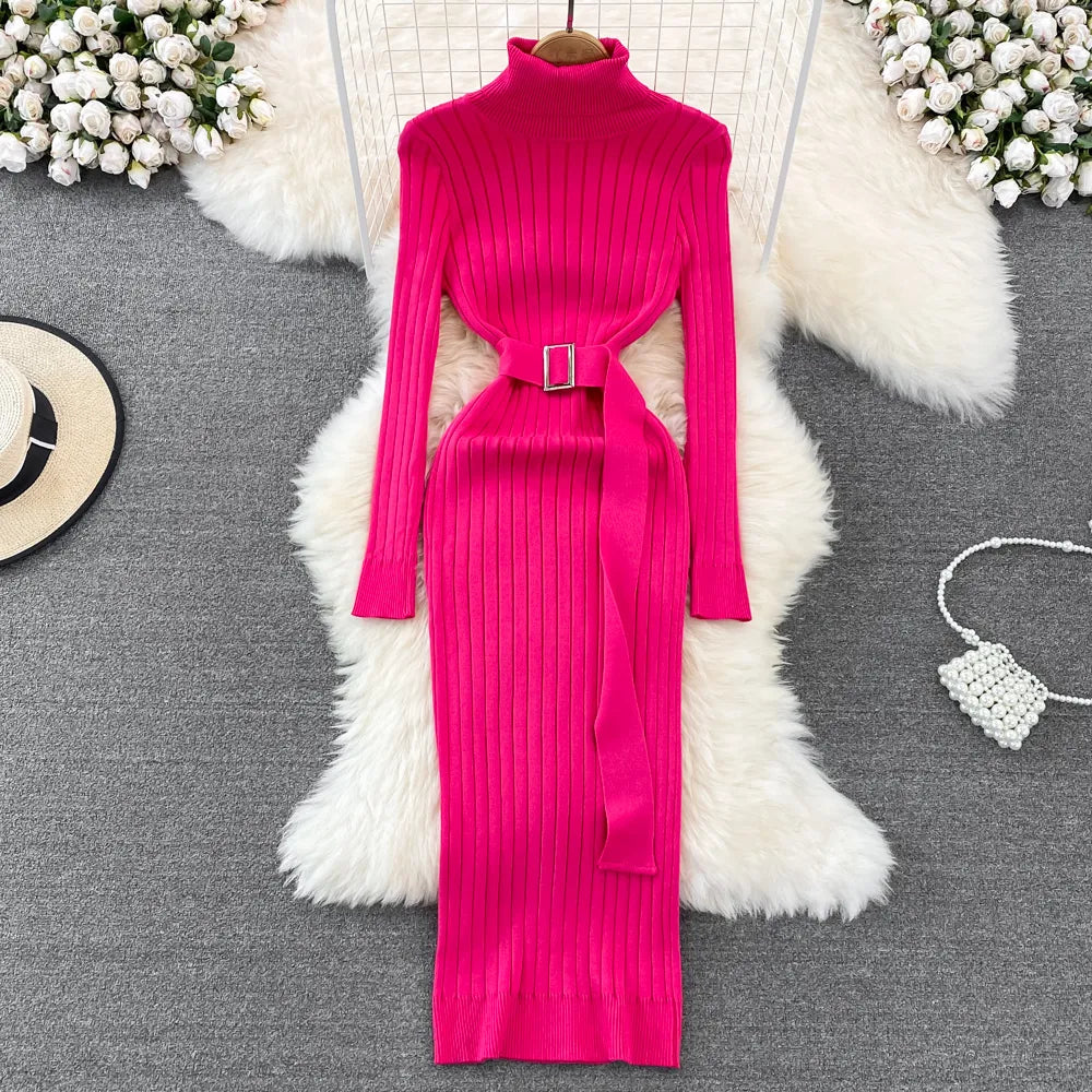 Winter Long Sleeve Sweater Dress with Belt