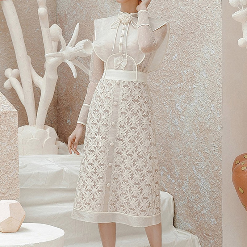 Apricot Lace Women Dress Single Breasted Vintage Clothing Summer 2023