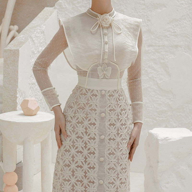Apricot Lace Women Dress Single Breasted Vintage Clothing Summer 2023
