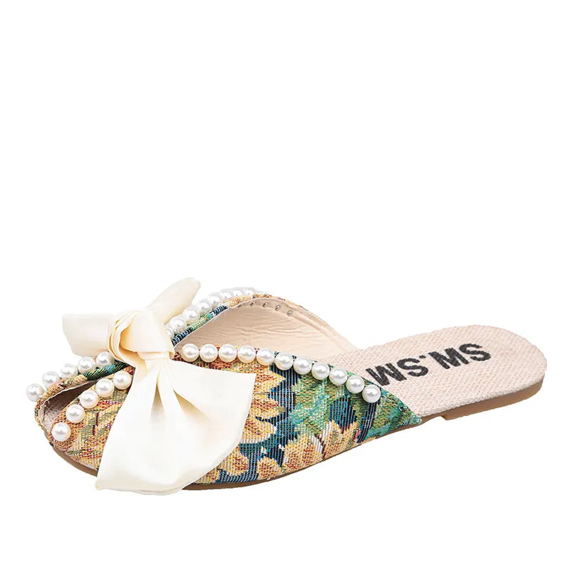 Pearl Bow Soft Bottom Slippers