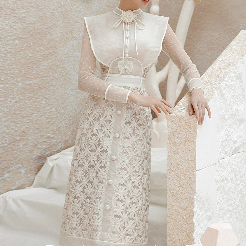 Apricot Lace Women Dress Single Breasted Vintage Clothing Summer 2023