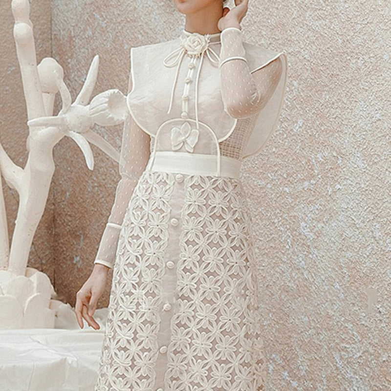 Apricot Lace Women Dress Single Breasted Vintage Clothing Summer 2023