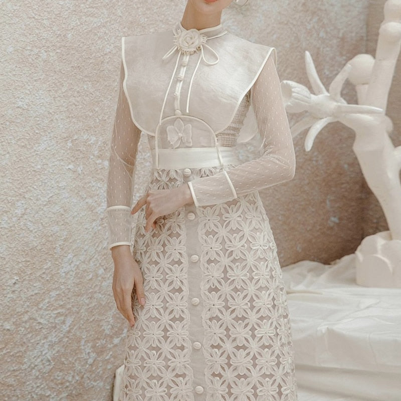 Apricot Lace Women Dress Single Breasted Vintage Clothing Summer 2023