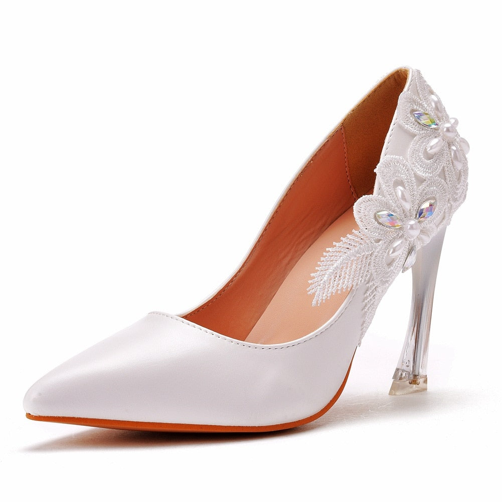 Crystal Queen White Lace Flower Pumps Sexy 9CM High Heels