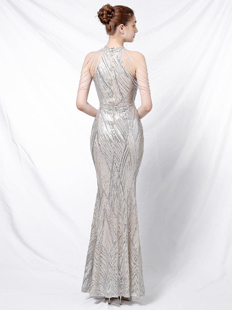 High Waist Slim Sequin Evening Gown