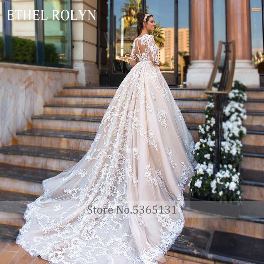 Wedding Dress Long Sleeve Luxury Beaded Lace Appliques Sexy V-neck Princess Bride Gowns