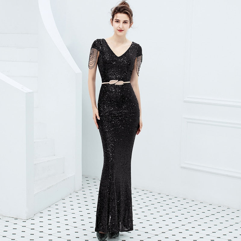 Sequin Evening Dress Elegant V Neck Beaded