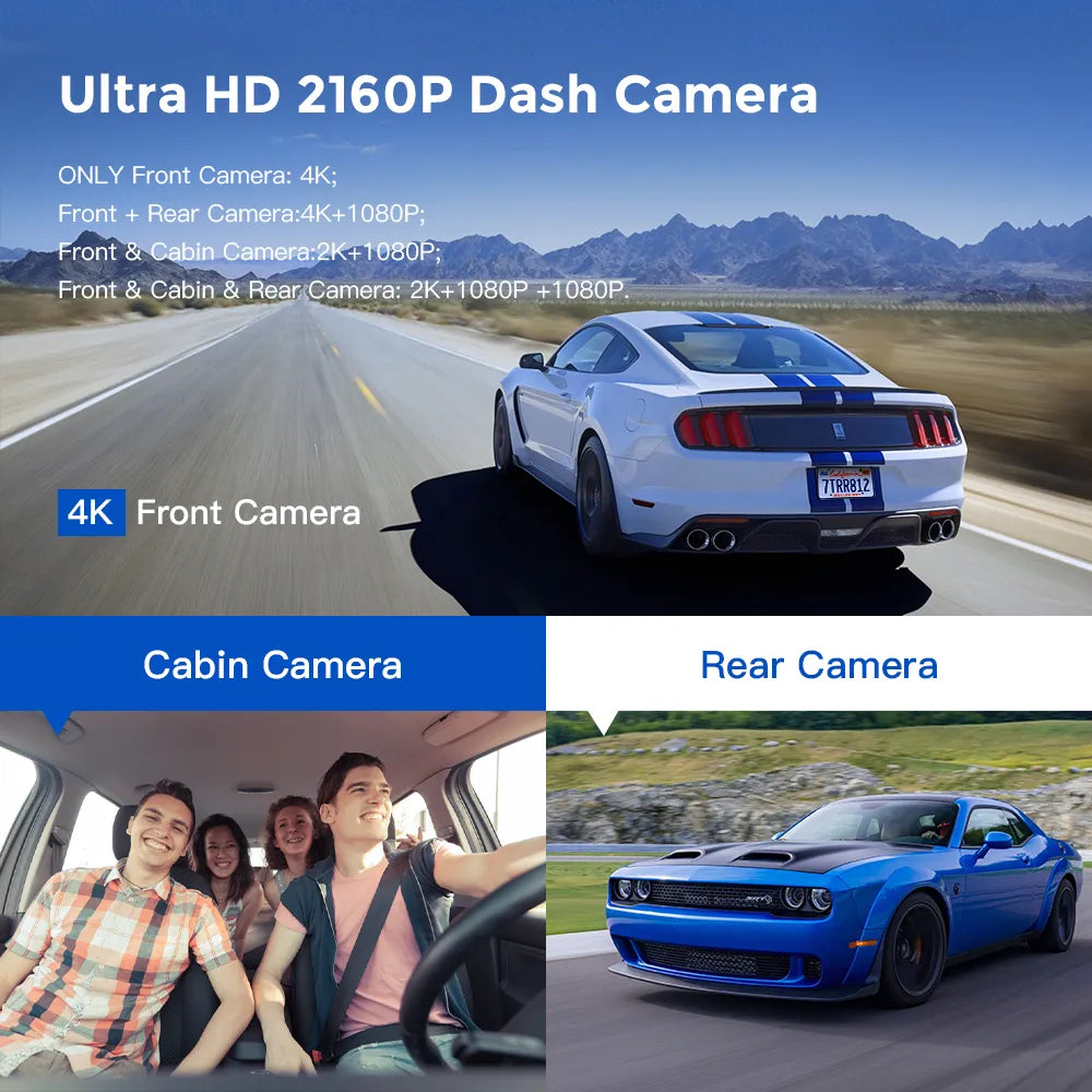 M550 3 Channel Dash Cam, Front Inside Rear Three Way Car Dash Camera, 4K+1080P Dual Channel With GPS WiFi IR Night Vision