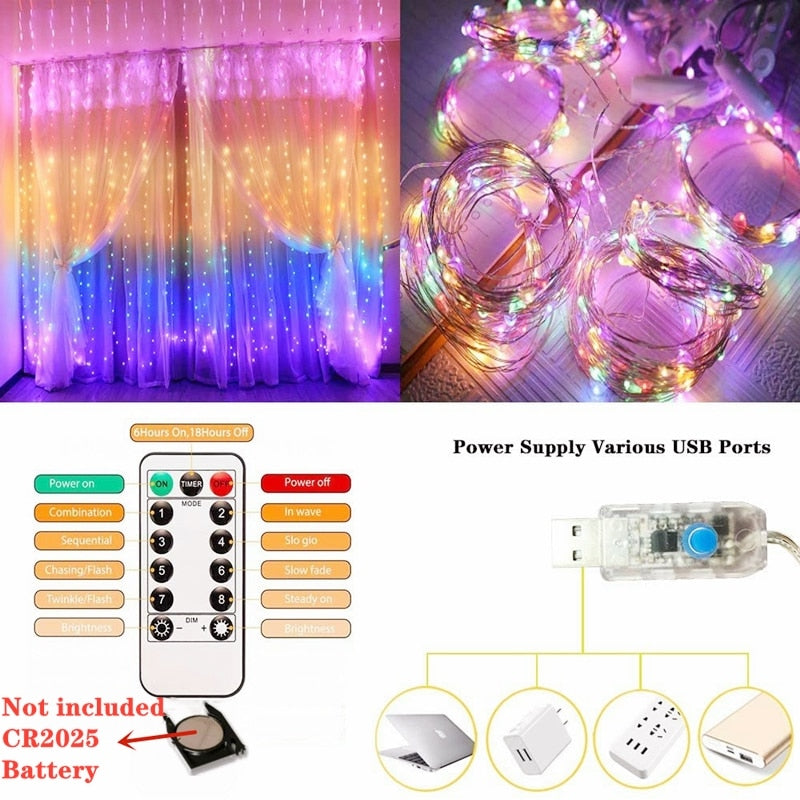 LED Curtain Lights Garland Fairy String Lights Holiday Lighting Rainbow Window Lamp ,Decoration