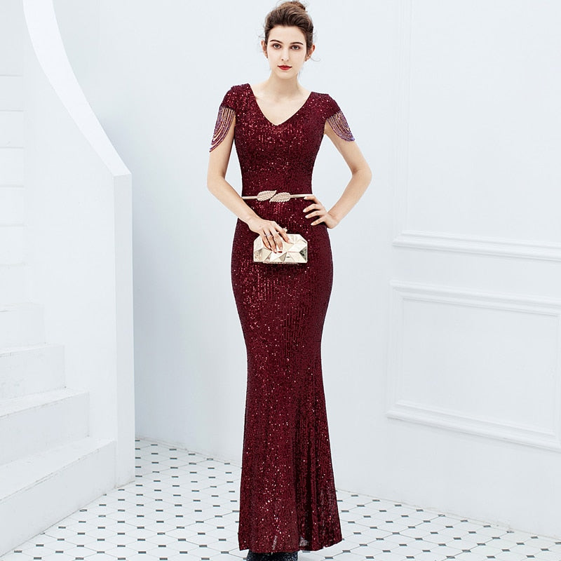 Sequin Evening Dress Elegant V Neck Beaded