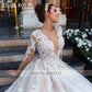 Wedding Dress Long Sleeve Luxury Beaded Lace Appliques Sexy V-neck Princess Bride Gowns