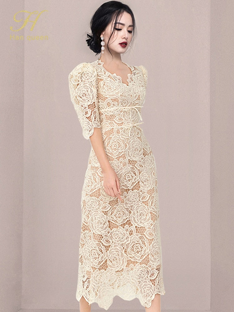 Slim Midi Hollow Out Lace Dress