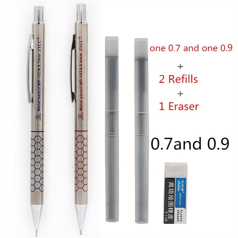 2PCS/Lot High quality metal mechanical pencil 0.5 0.7 0.9mm refills for school students