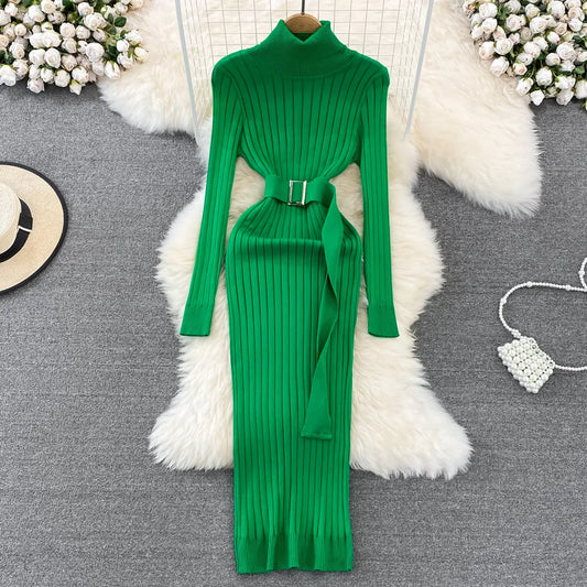 Winter Long Sleeve Sweater Dress with Belt