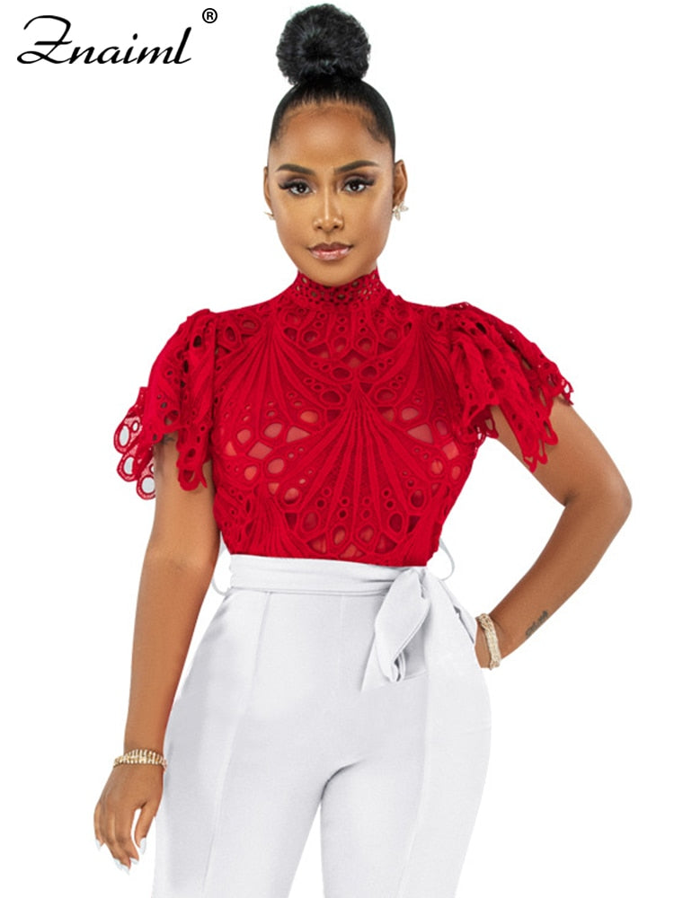 Short Sleeve Hollow Out Mesh Lace T-shirt Sheer See Through Crop Top