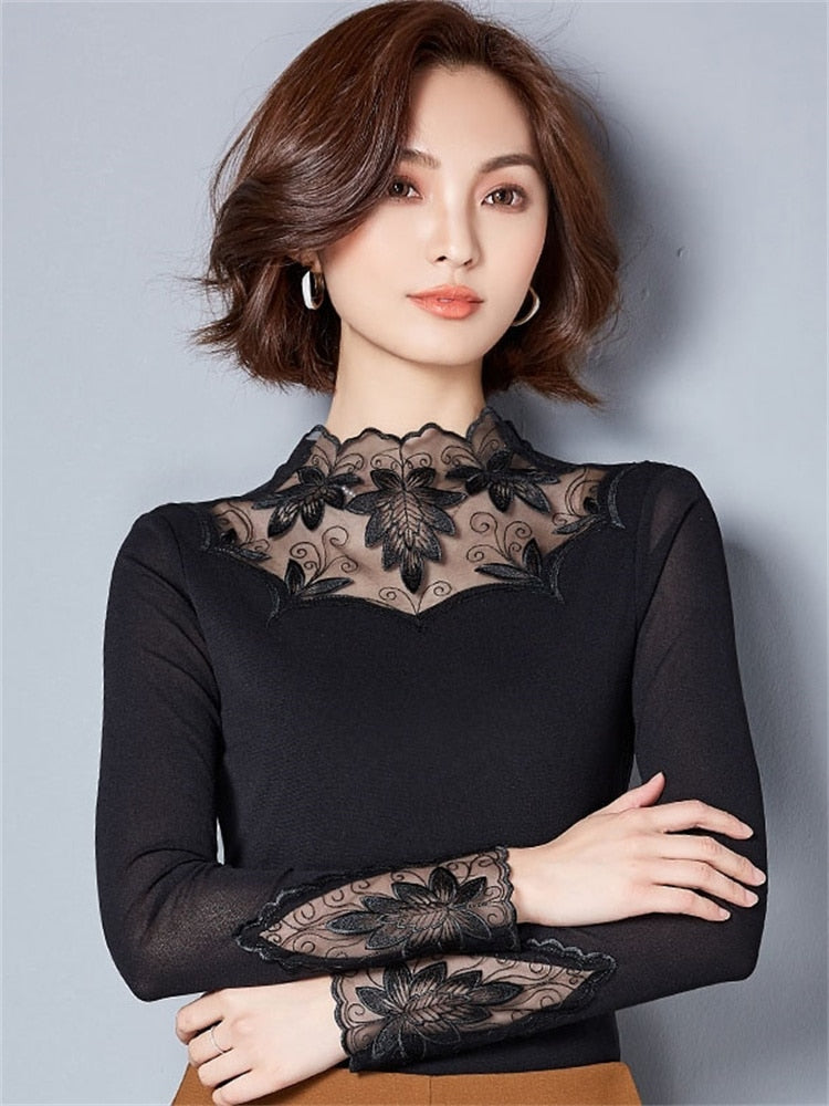 Lace Blouses Shirts Casual Long Sleeve