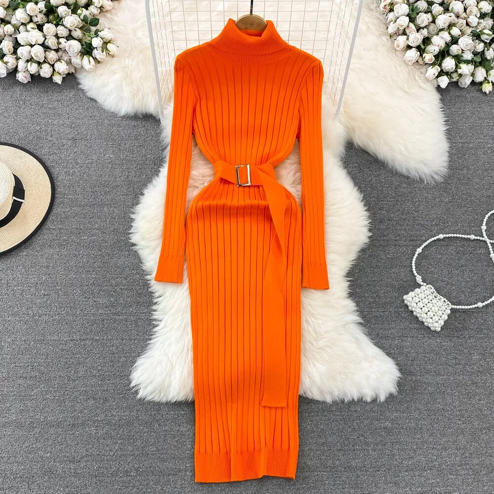 Winter Long Sleeve Sweater Dress with Belt