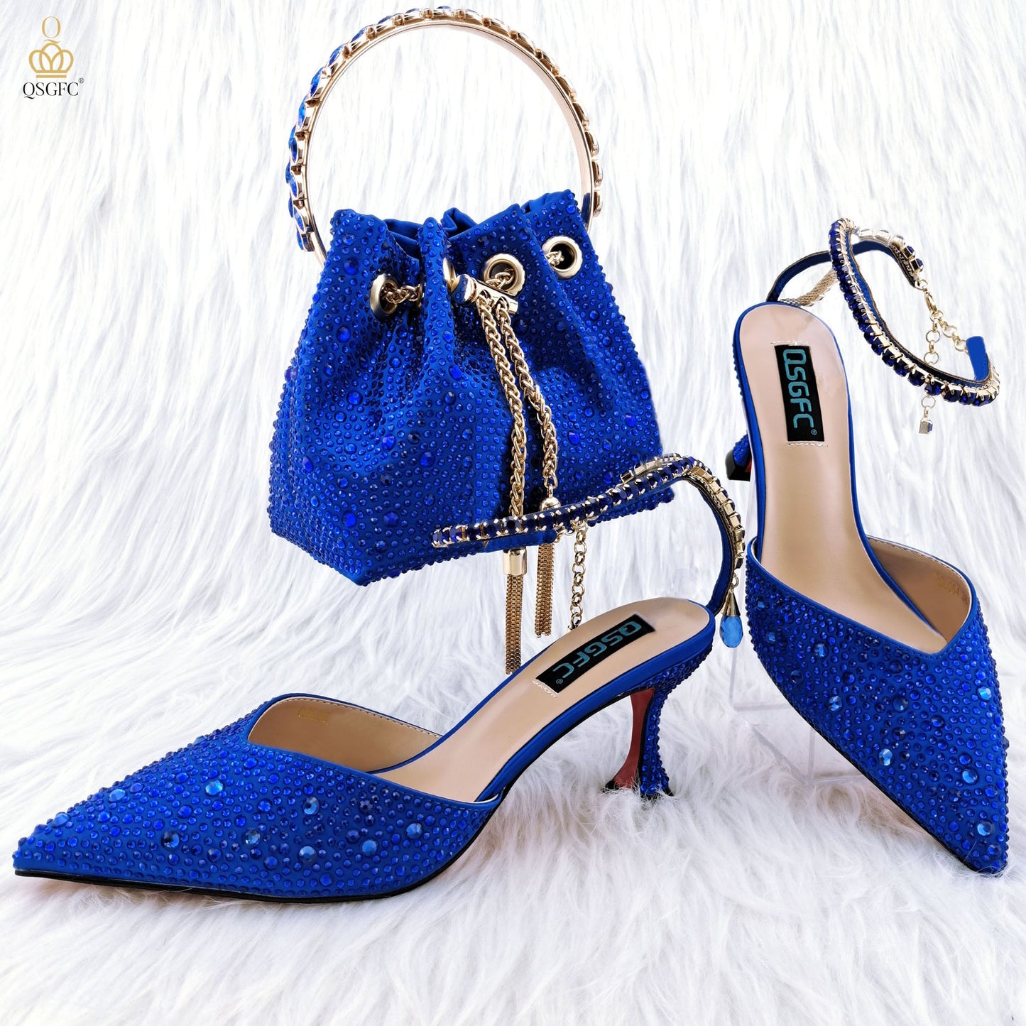 Italian Design Luxury Women's Pointed Shoes And Bag Set Full Diamond Decoration