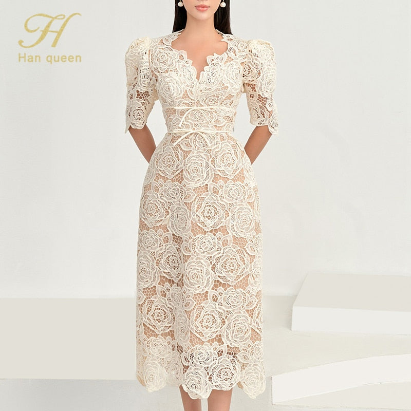 Slim Midi Hollow Out Lace Dress