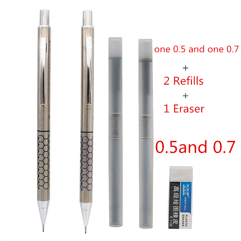 2PCS/Lot High quality metal mechanical pencil 0.5 0.7 0.9mm refills for school students