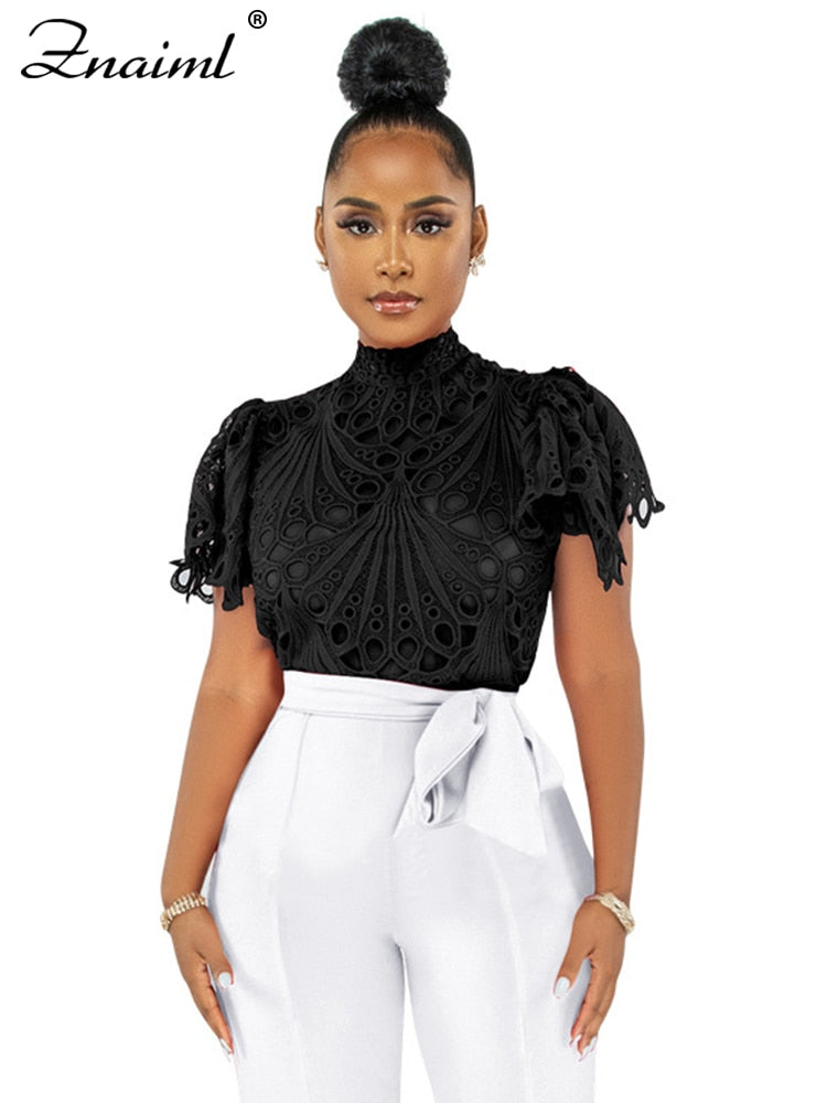 Short Sleeve Hollow Out Mesh Lace T-shirt Sheer See Through Crop Top