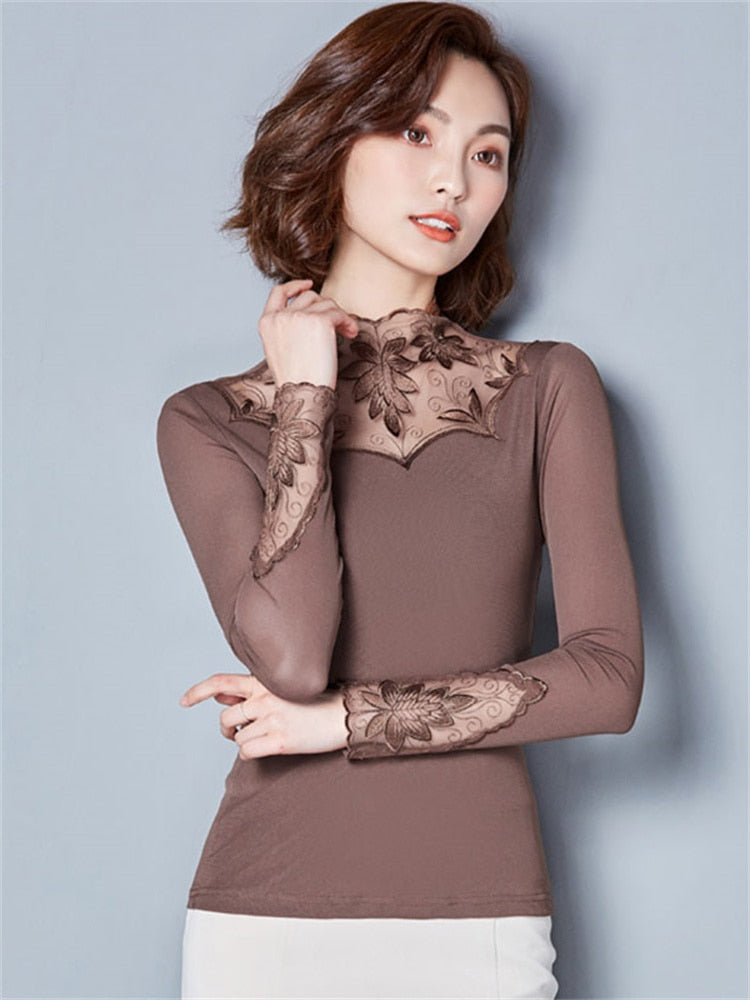 Lace Blouses Shirts Casual Long Sleeve