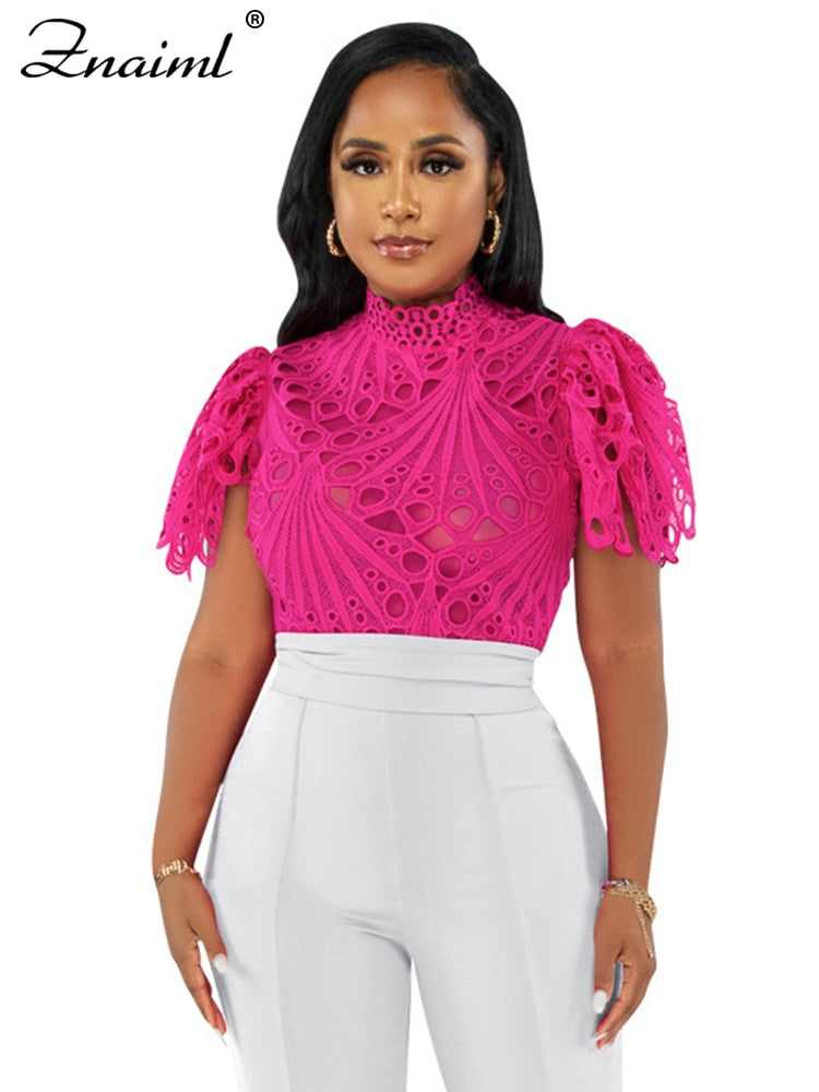 Short Sleeve Hollow Out Mesh Lace T-shirt Sheer See Through Crop Top