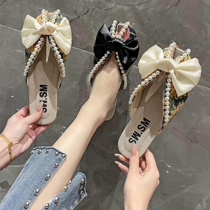 Pearl Bow Soft Bottom Slippers