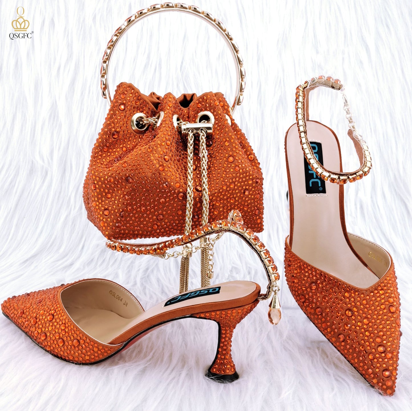 Italian Design Luxury Women's Pointed Shoes And Bag Set Full Diamond Decoration