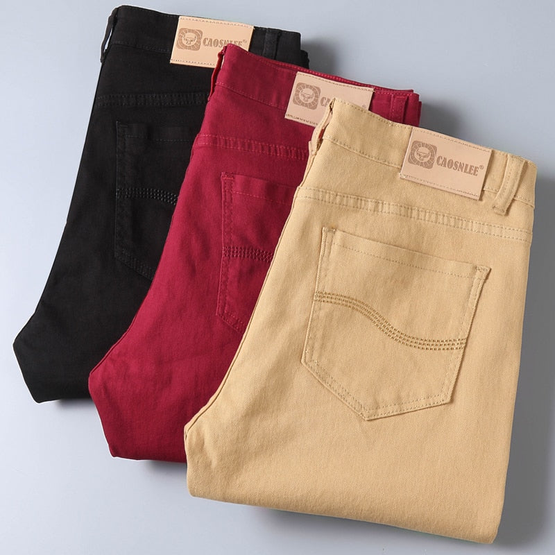 Wine Red Jeans Fashion Business Casual Straight Denim Stretch Trousers Male Brand Pants