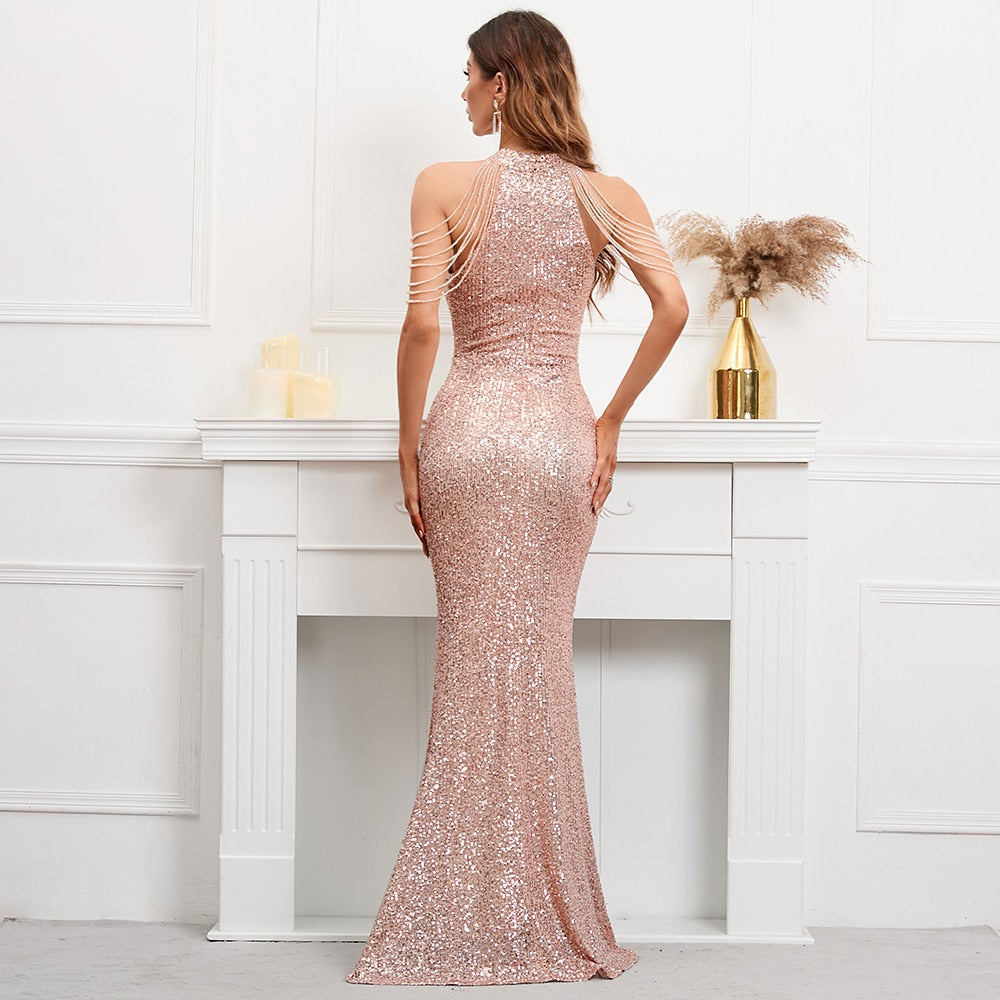 Elegant Off Shoulder Beading Sequin Evening Dress