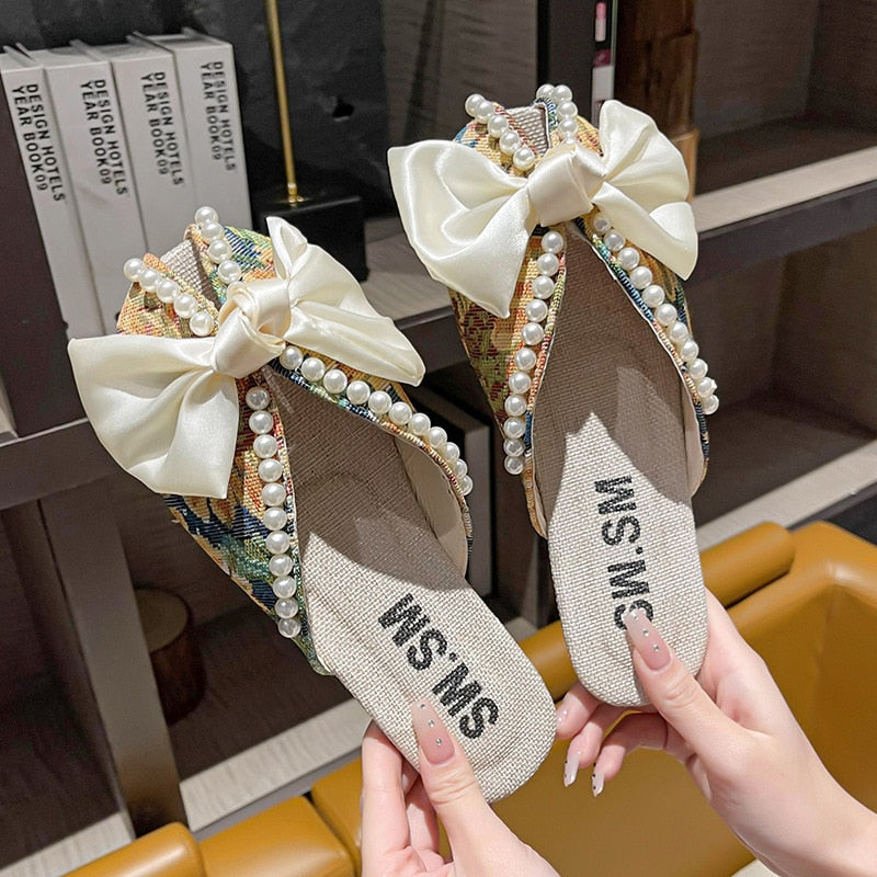 Pearl Bow Soft Bottom Slippers