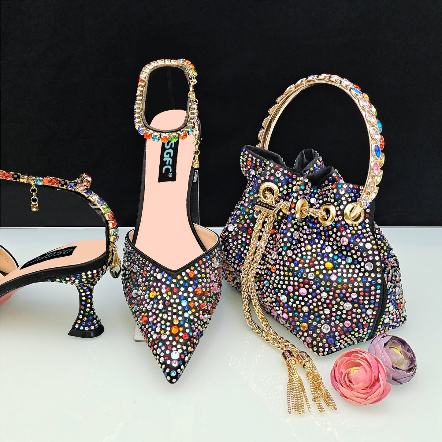 Italian Design Luxury Women's Pointed Shoes And Bag Set Full Diamond Decoration