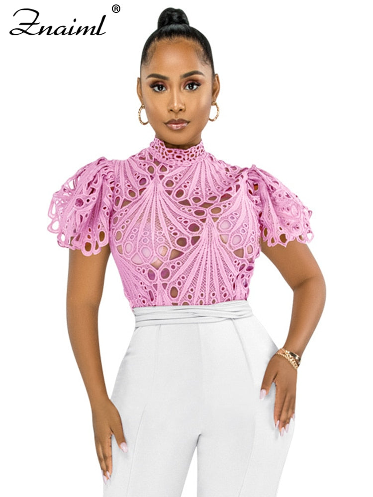 Short Sleeve Hollow Out Mesh Lace T-shirt Sheer See Through Crop Top