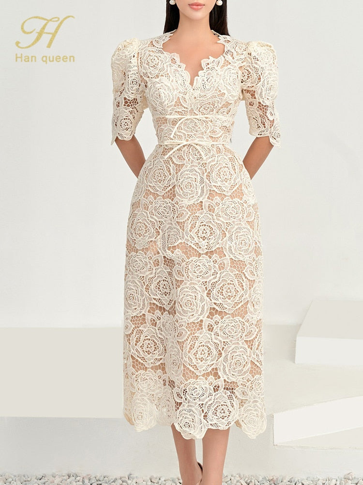 Slim Midi Hollow Out Lace Dress