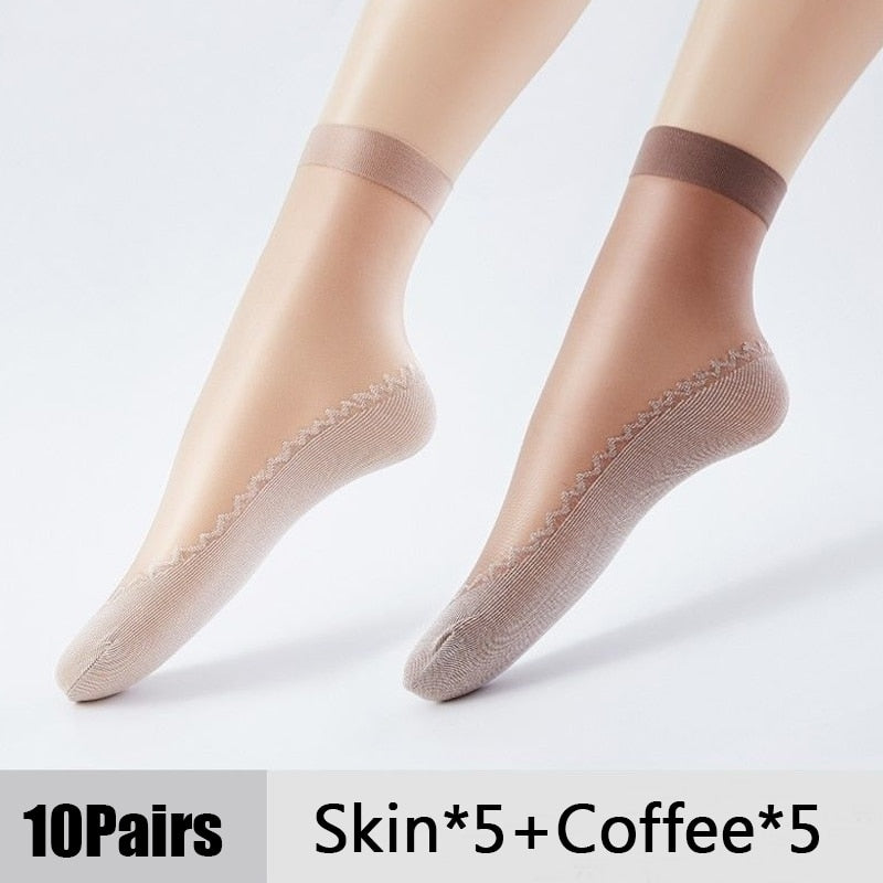 10Pairs Spring Summer Women Soft Socks Velvet Silk Socks Non-Slip Bottom Splice Transparent Ladies Ultrathin Breathable Sock