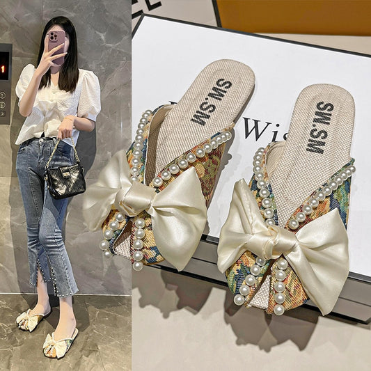 Pearl Bow Soft Bottom Slippers