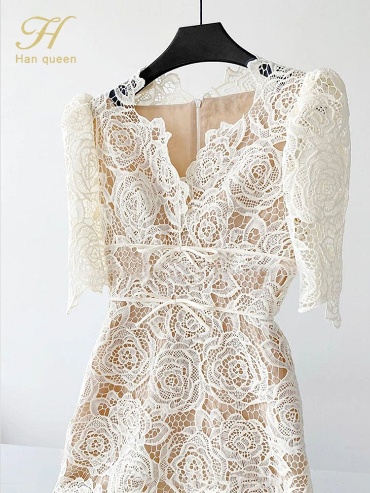 Slim Midi Hollow Out Lace Dress