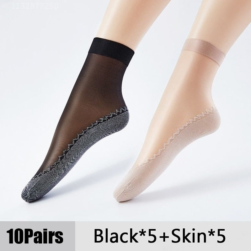 10Pairs Spring Summer Women Soft Socks Velvet Silk Socks Non-Slip Bottom Splice Transparent Ladies Ultrathin Breathable Sock