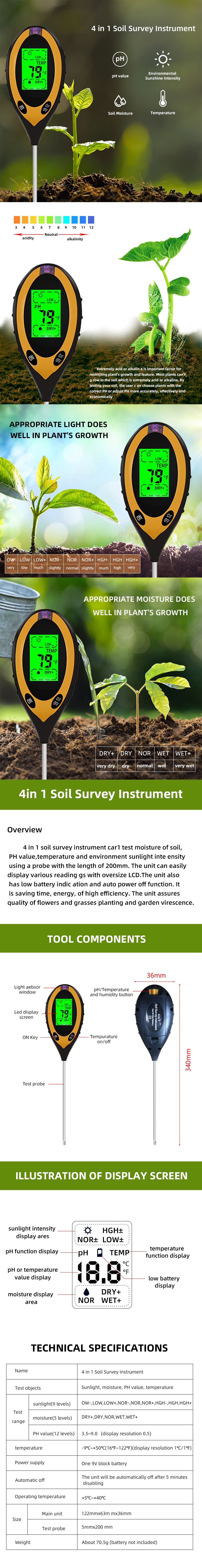 Digital 4 In 1 Soil PH Meter