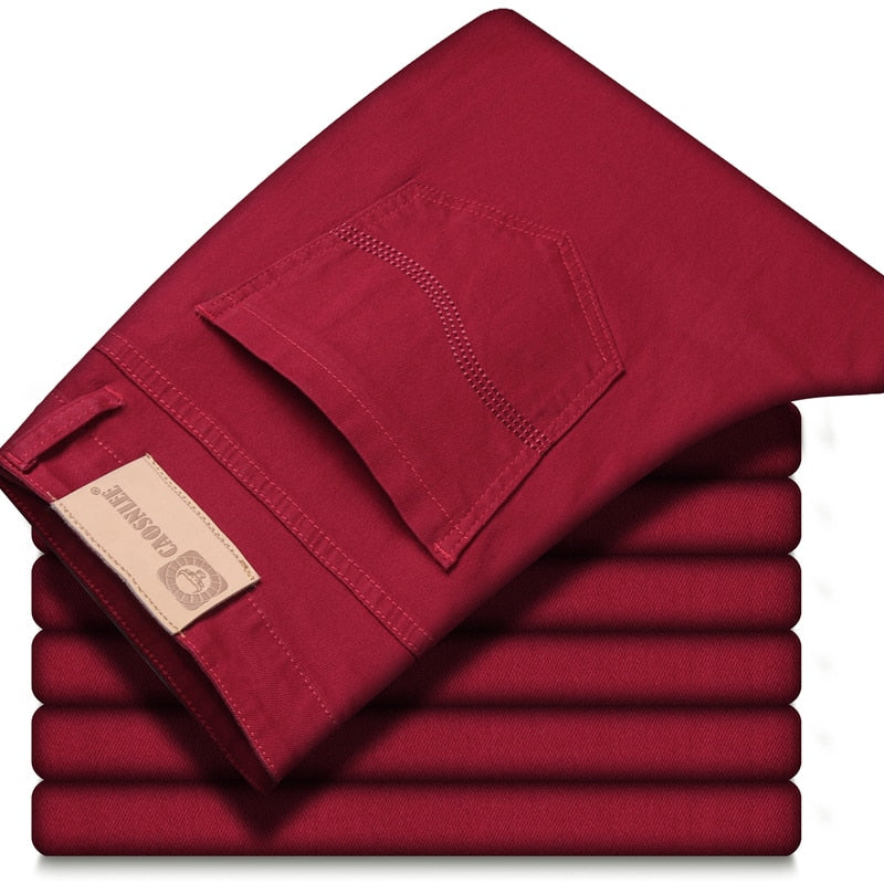 Wine Red Jeans Fashion Business Casual Straight Denim Stretch Trousers Male Brand Pants