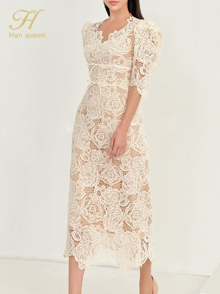 Slim Midi Hollow Out Lace Dress