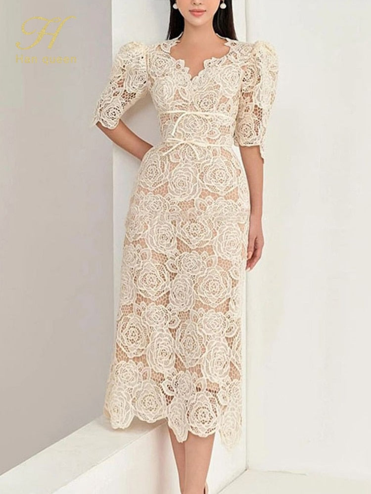 Slim Midi Hollow Out Lace Dress