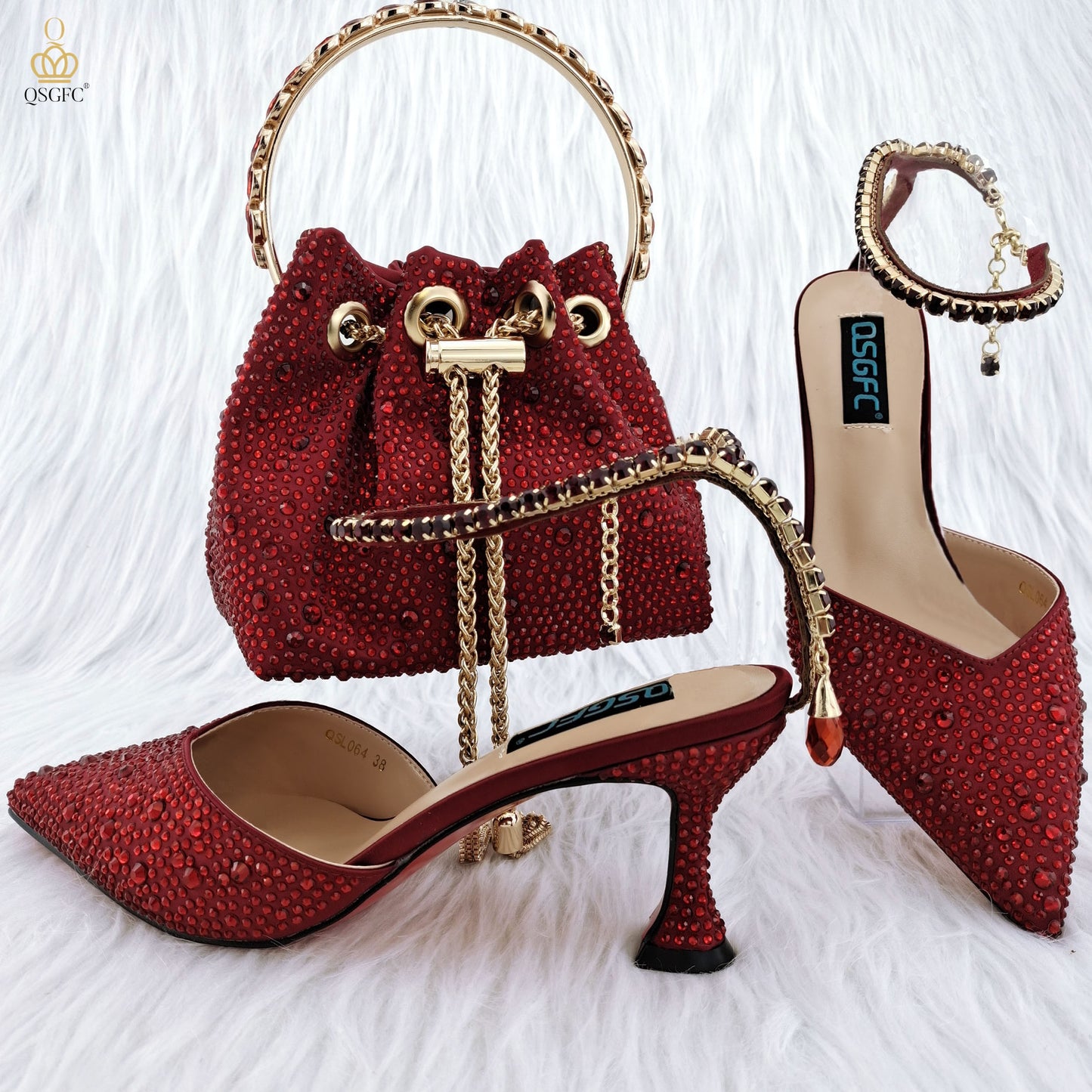 Italian Design Luxury Women's Pointed Shoes And Bag Set Full Diamond Decoration