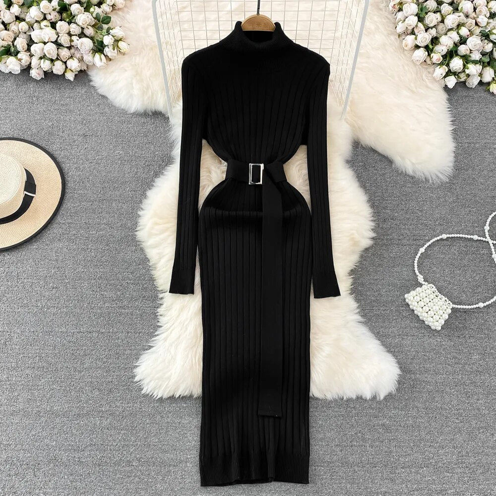 Winter Long Sleeve Sweater Dress with Belt