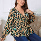 Plus Size Printed Tie Waist Flounce Sleeve Blouse