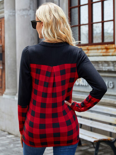 Plaid Notched Long Sleeve T-Shirt