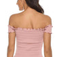 Lace-Up Front Lettuce Hem Off-Shoulder Knit Top
