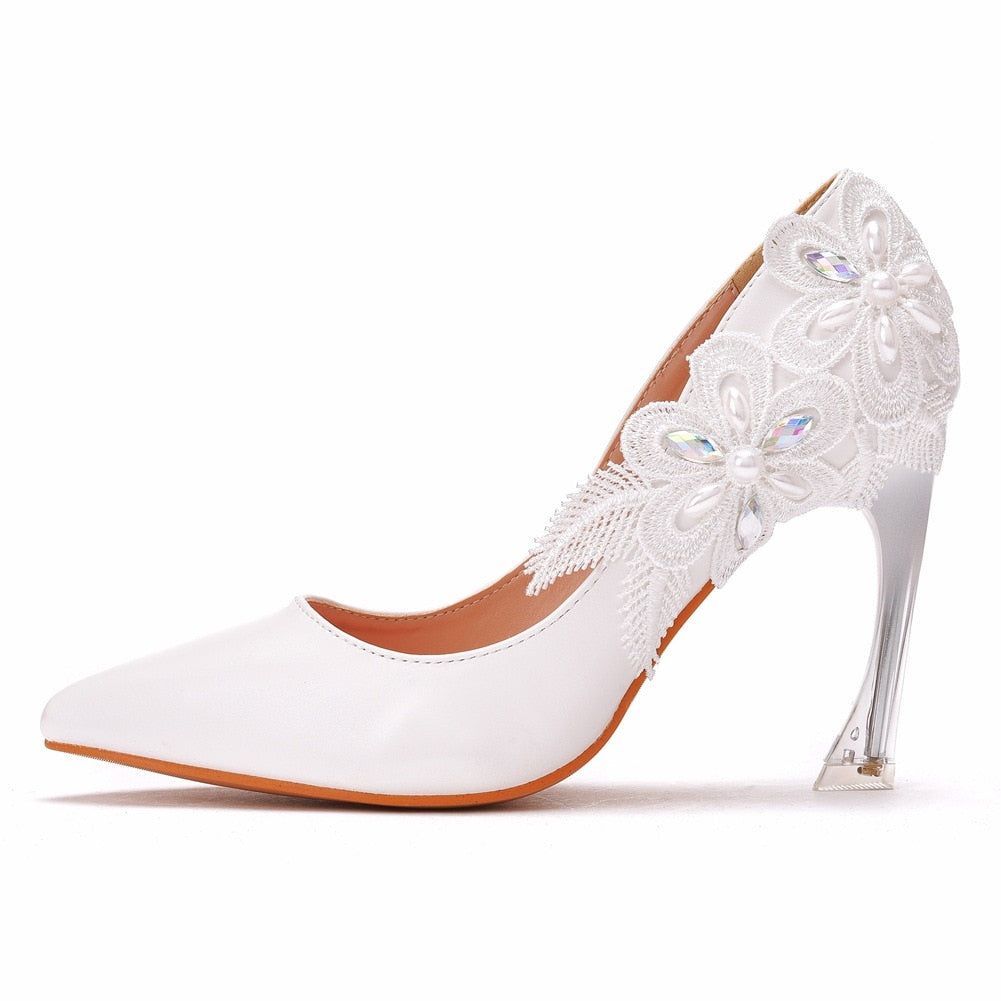 Crystal Queen White Lace Flower Pumps  Sexy 9CM High Heels